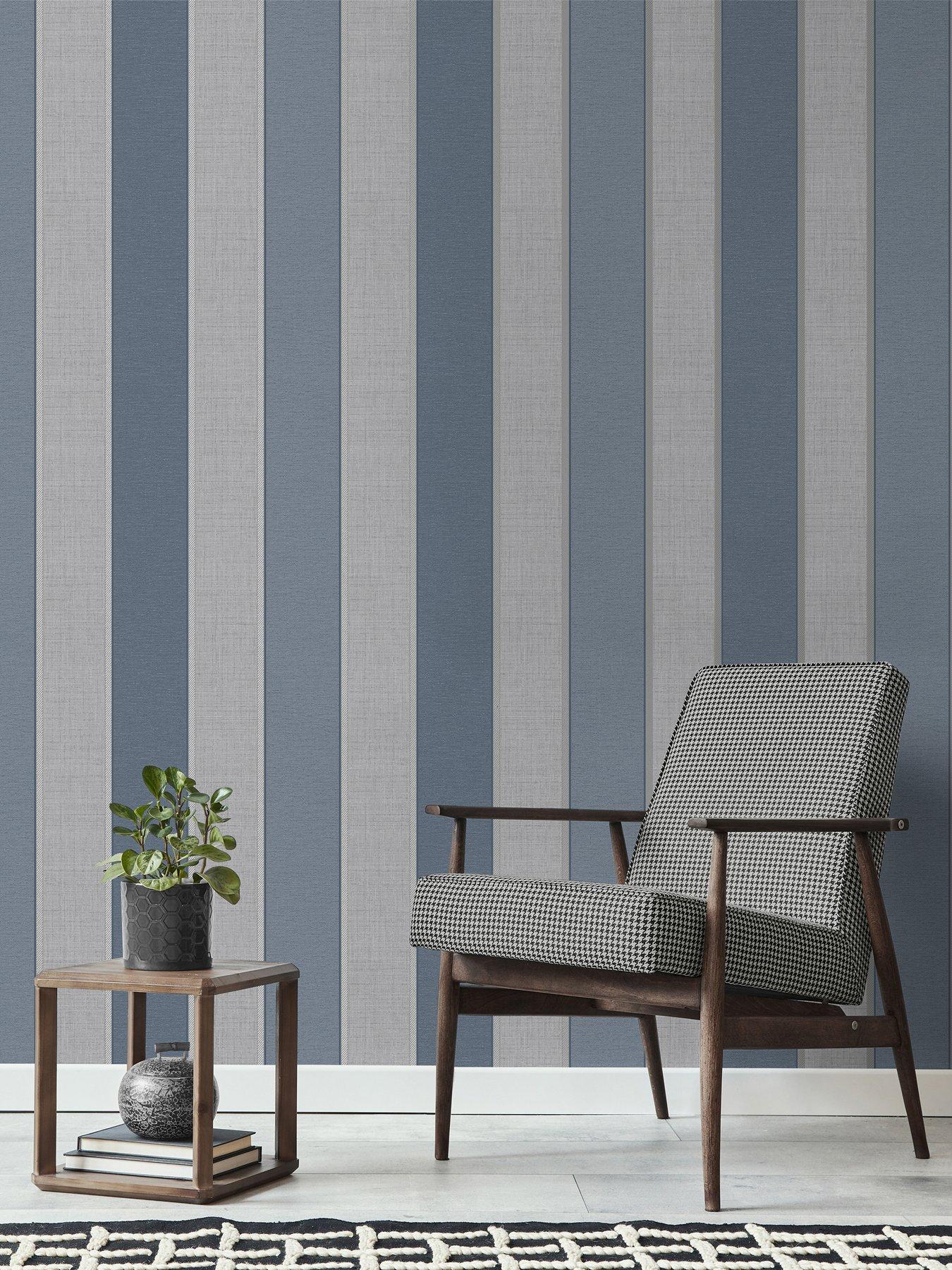 Fine Decor Larson Stripe Wallpaper in Navy and Silver | Very.co.uk