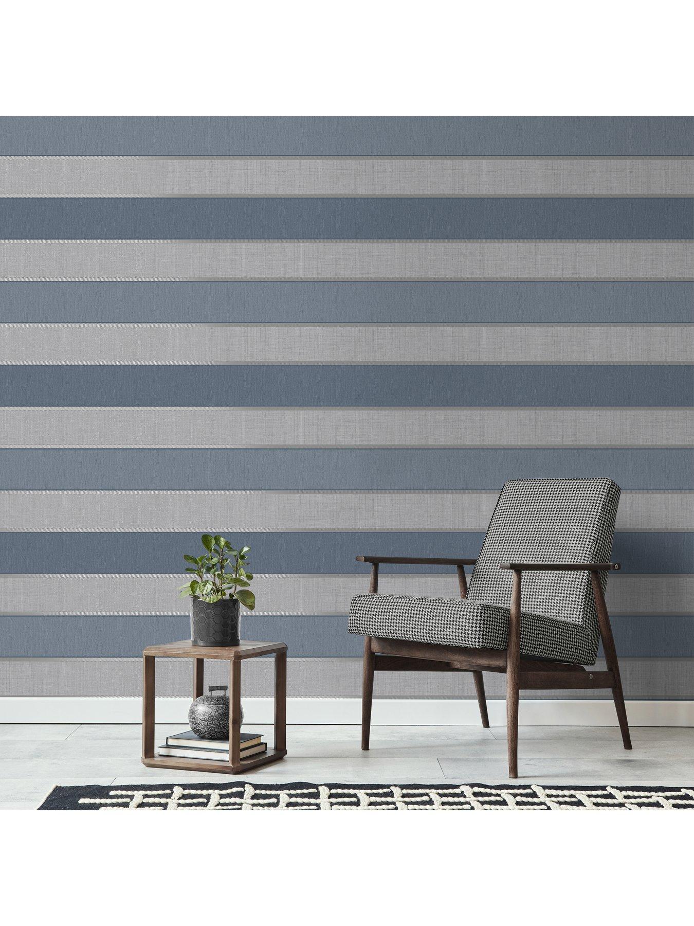 Fine Decor Larson Stripe Wallpaper in Navy and Silver | Very.co.uk