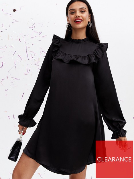 new-look-black-satin-yoke-frill-mini-oversized-smock-dress