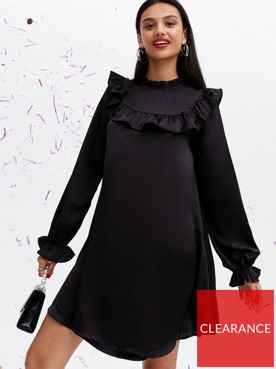 front image of new-look-black-satin-yoke-frill-mini-oversized-smock-dress