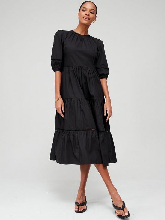 front image of v-by-very-ladder-trim-cotton-midi-dress-black