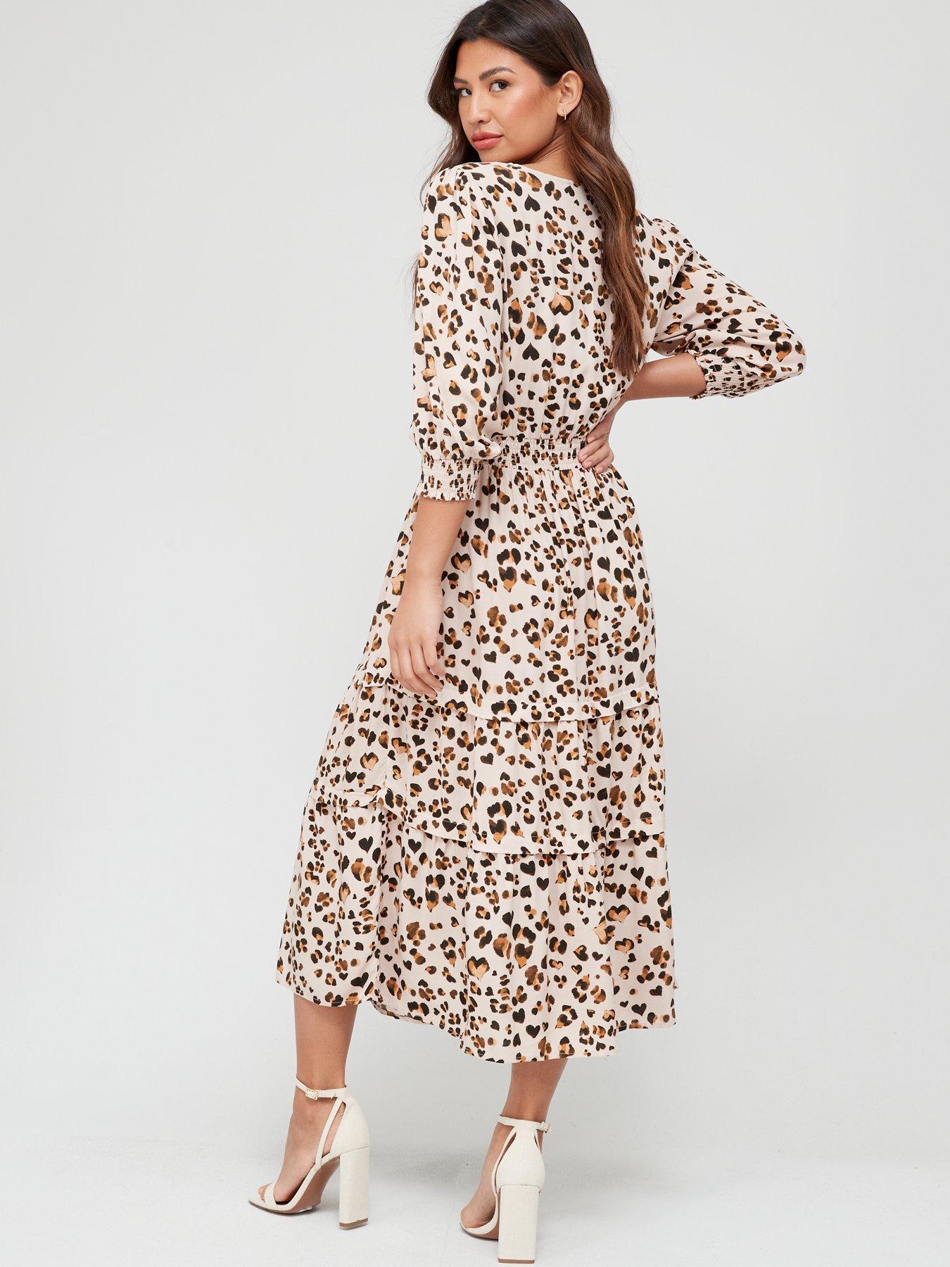 V by Very Waist Detail Printed Midi Dress - Animal Print | very.co.uk