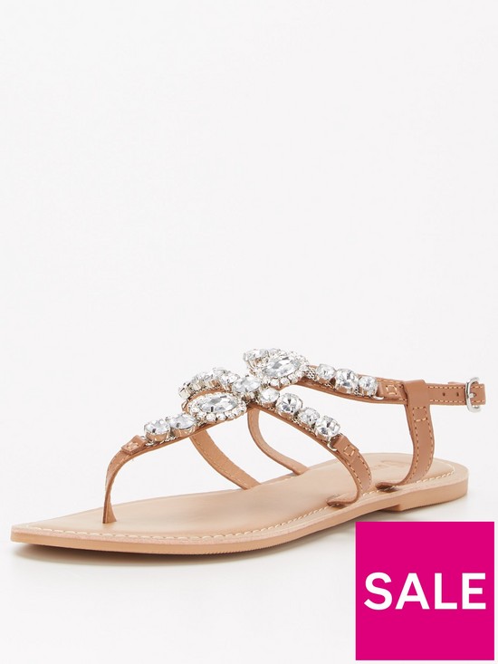 stillFront image of v-by-very-jewel-trim-leather-toe-post-sandal-tannbsp