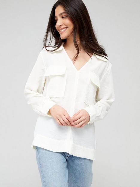 v-by-very-soft-twill-utility-v-neck-blouse-cream