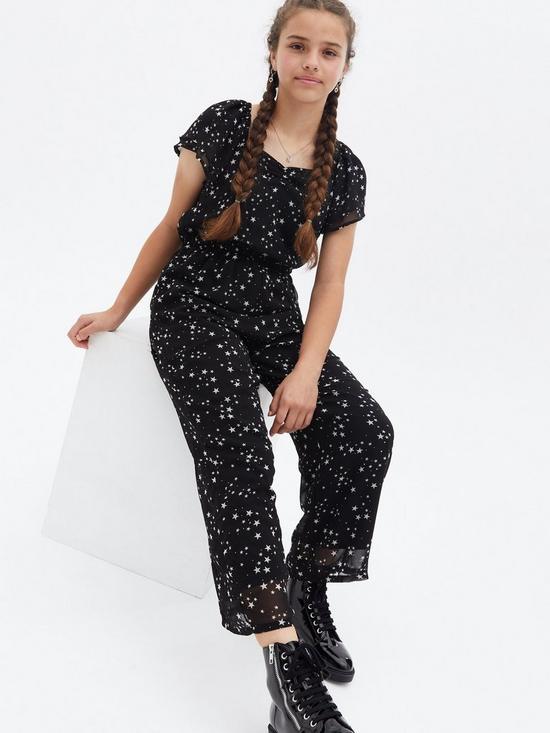 front image of new-look-915-girls-black-star-chiffon-square-neck-jumpsuit
