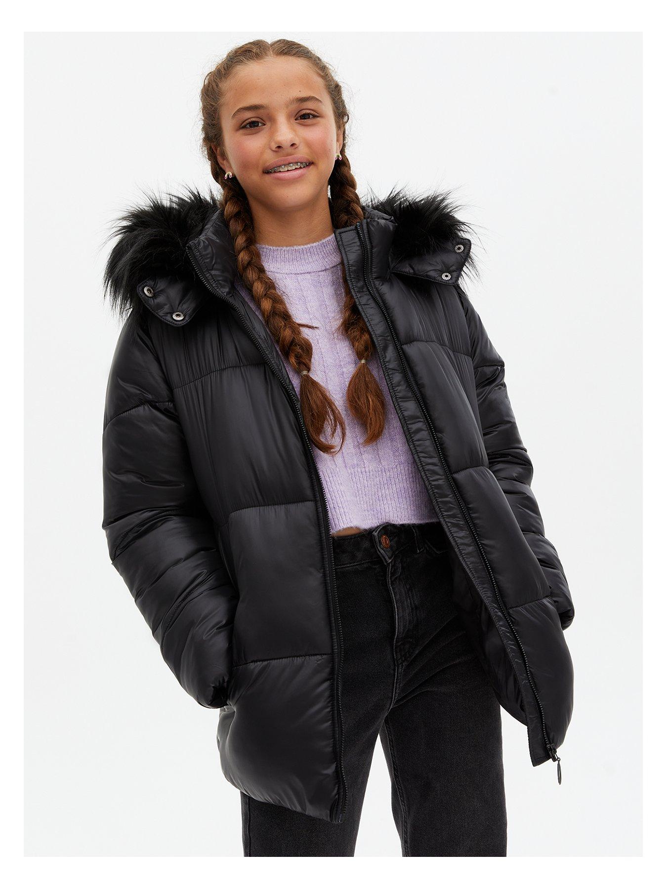 Girls Clothes Faux Fur Hooded Padded Jacket - Black