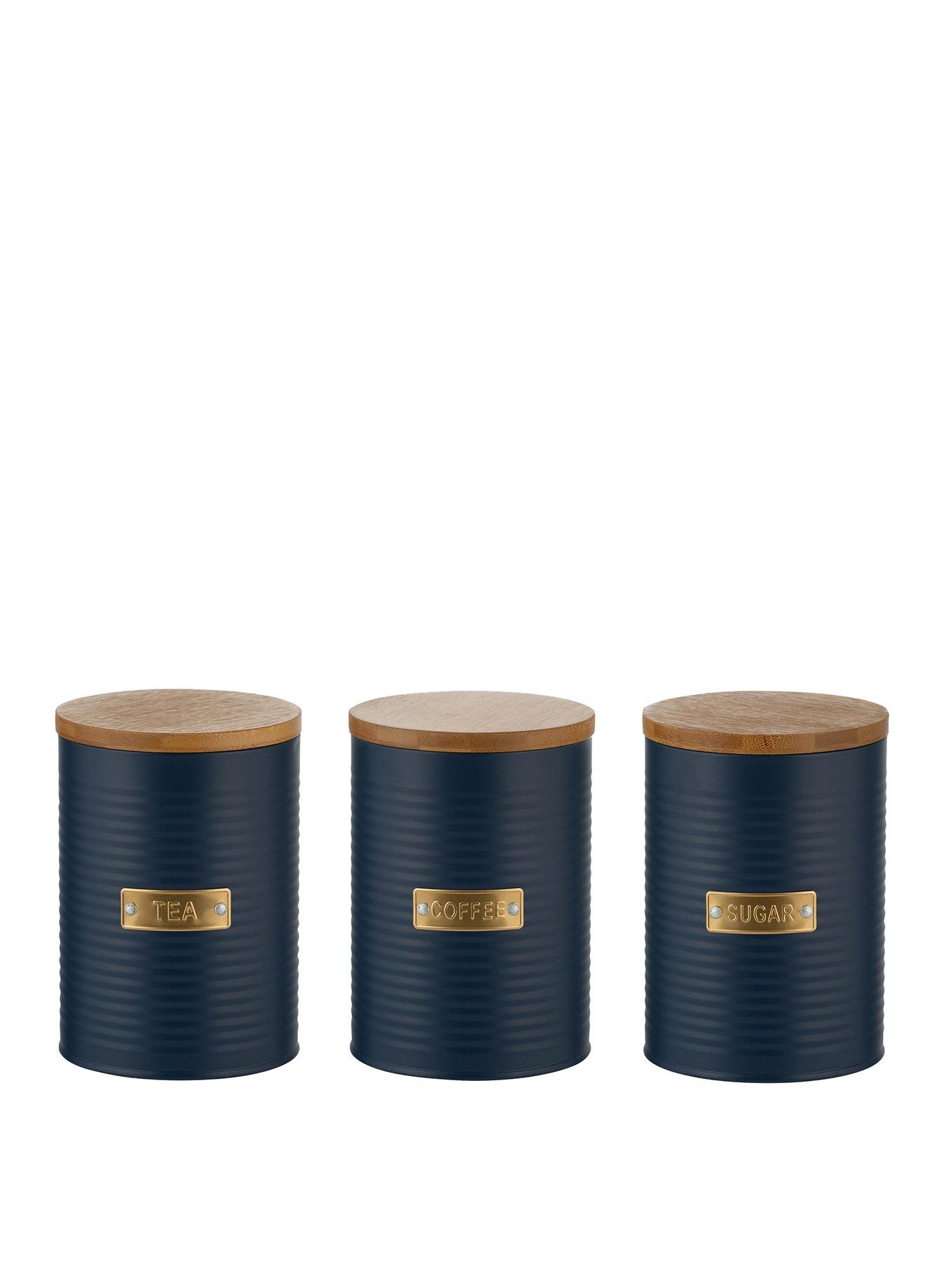 Black and gold tea coffee store sugar canisters