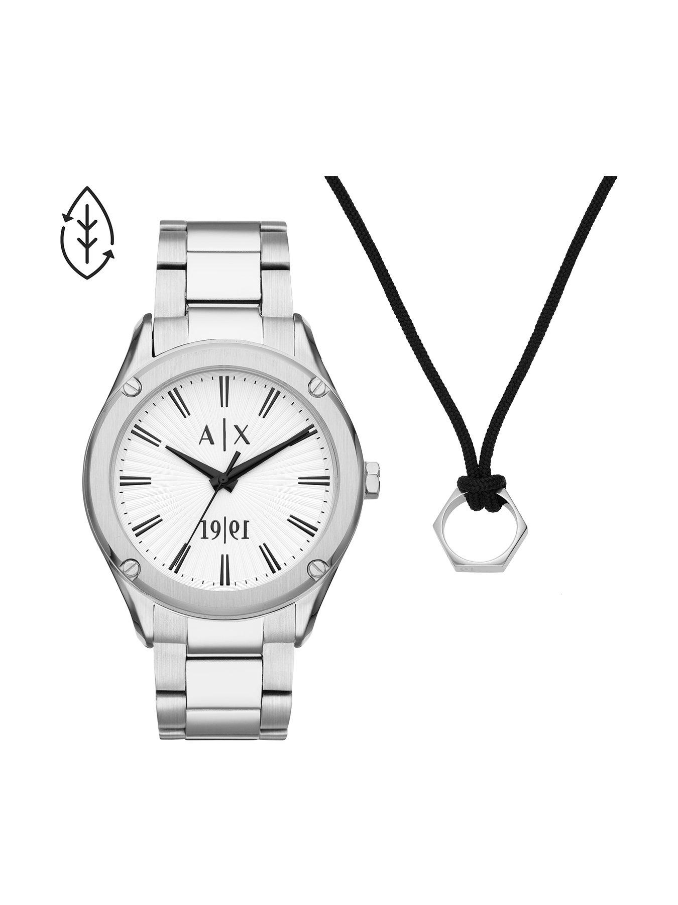 Men Three-Hand Stainless Steel Watch and Necklace Gift Set