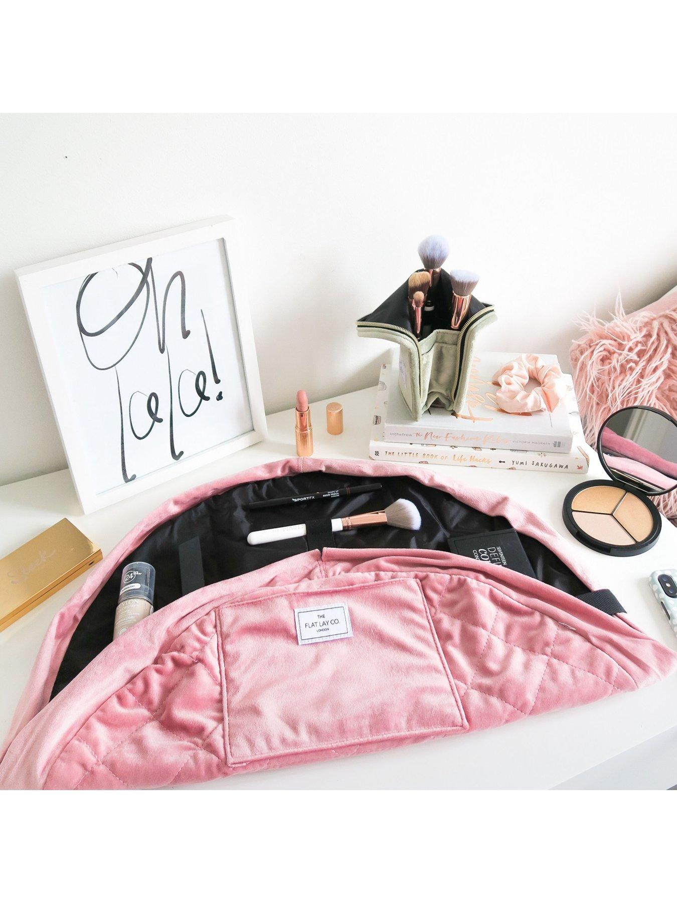Image 2 of 3 of The Flat Lay Co. Pink Velvet Open Flat Makeup Bag