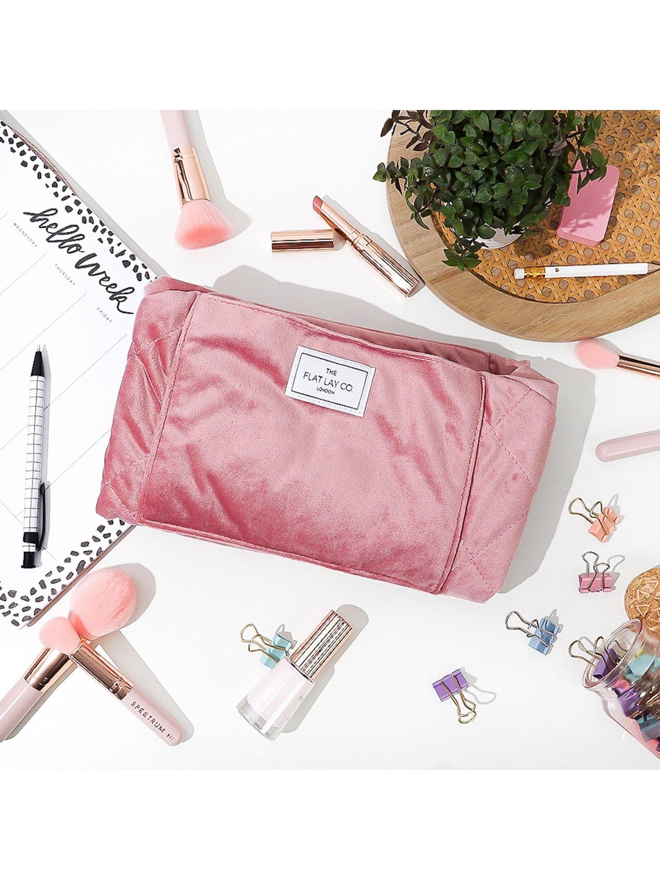 The Flat Lay Co. Pink Velvet Open Flat Makeup Bag | Very.co.uk