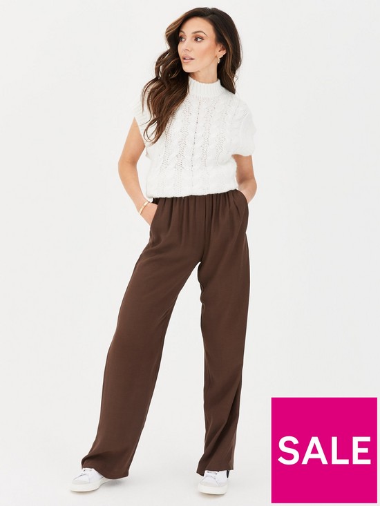 front image of michelle-keegan-crepe-wide-leg-trouser-chocolate