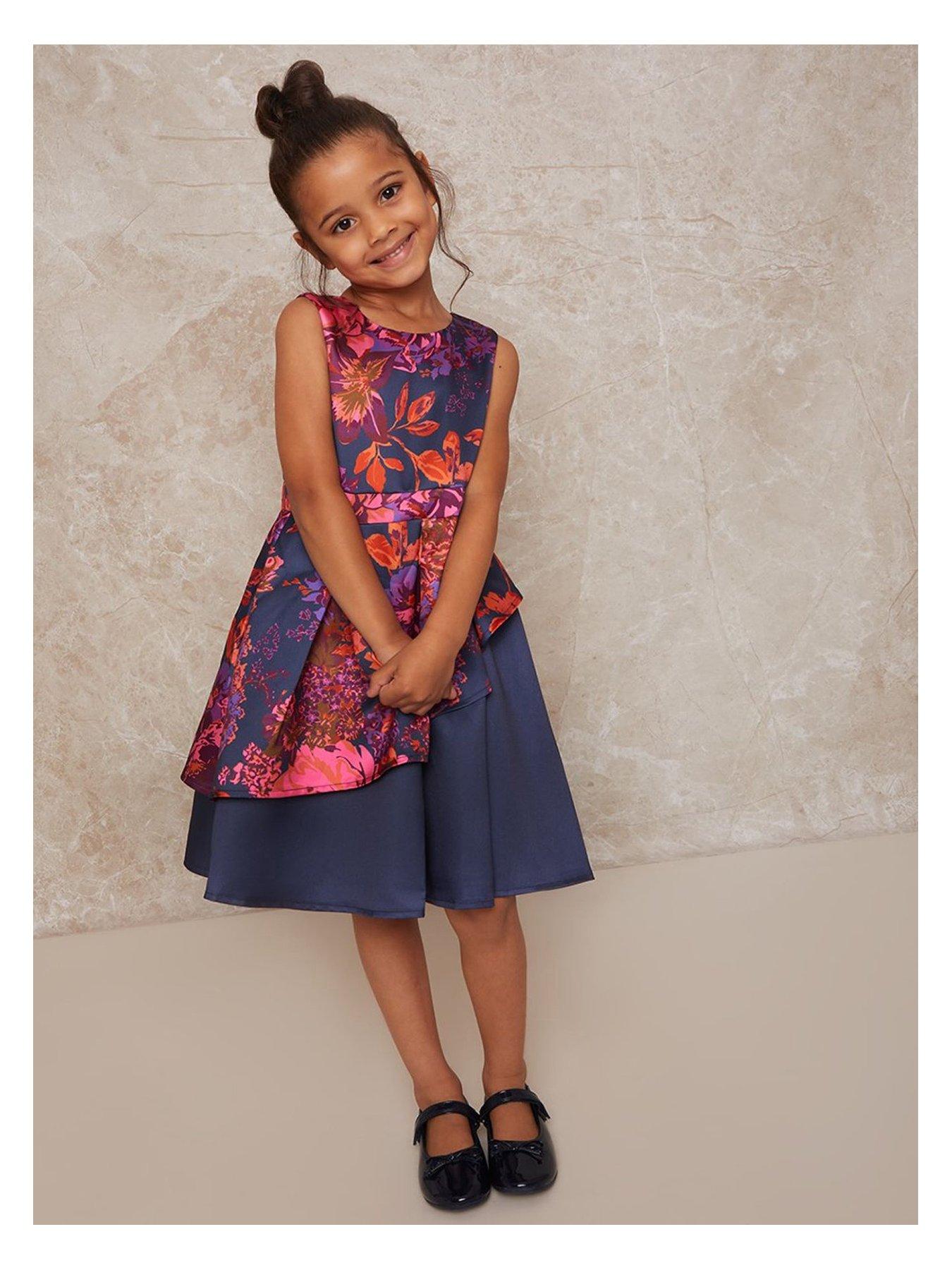 Kids Girls Printed Asymmetric Detail Midi Dress - Navy