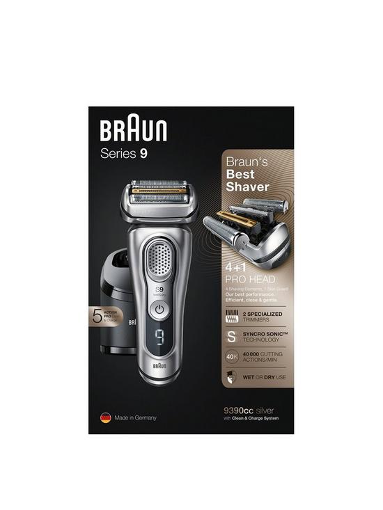stillFront image of braun-series-9-9390cc-latest-generation-electric-shaver-cleanampcharge-station-leather-case