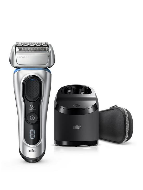 front image of braun-series-8-8390cc-next-generation-electric-shaver-cleanampcharge-station-fabric-case