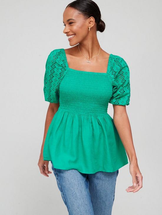 front image of v-by-very-broderie-sleeve-linen-top-green
