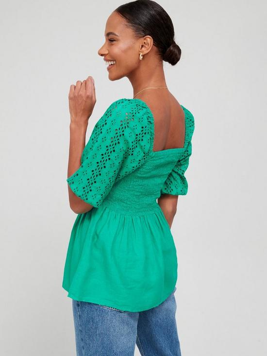 stillFront image of v-by-very-broderie-sleeve-linen-top-green