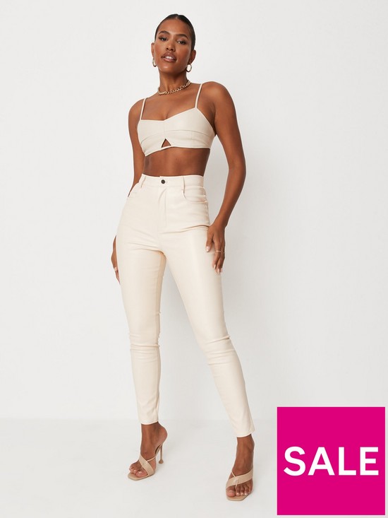 front image of missguided-faux-leather-slim-leg-trousers-cream