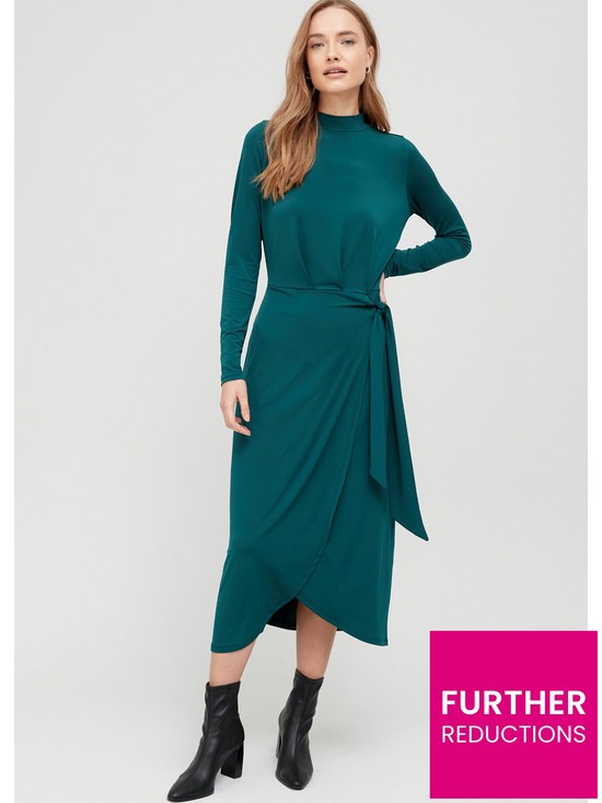 front image of v-by-very-high-necknbspwrap-midi-dress-emerald
