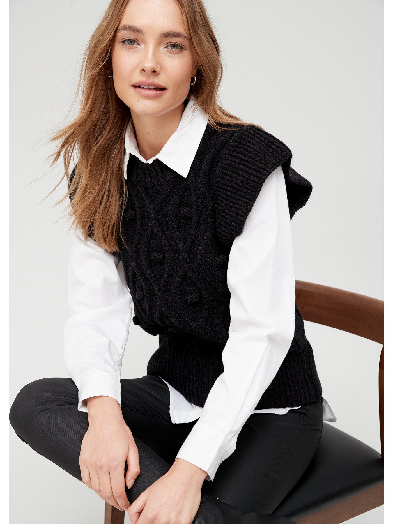 Women Knitted Sleeveless Frill Tabard Vest - Black