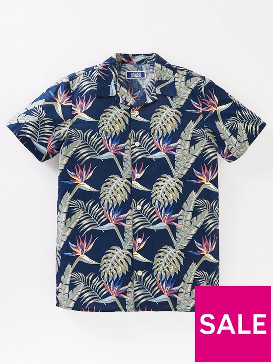 front image of jack-jones-junior-boys-coastal-resort-floral-shirt-navy-blazer