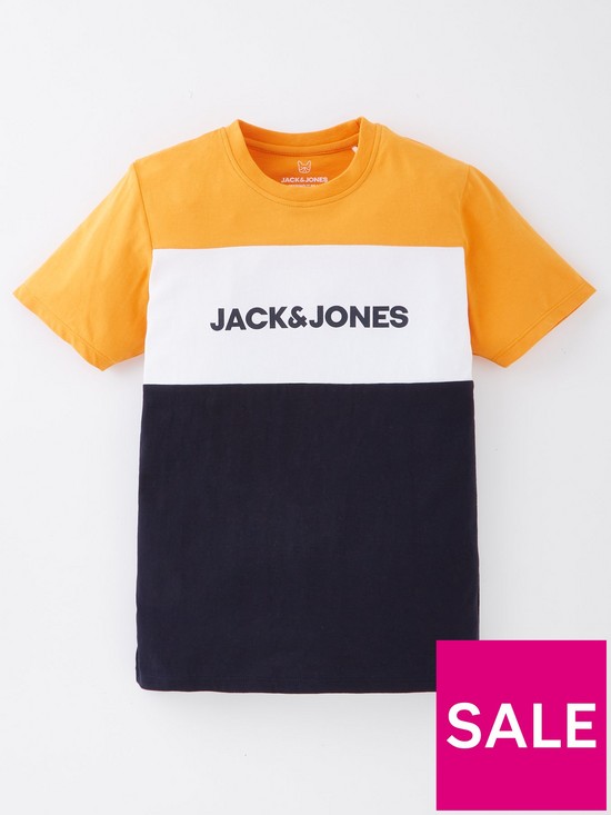 front image of jack-jones-junior-boys-blocking-logo-t-shirt-dark-cheddar
