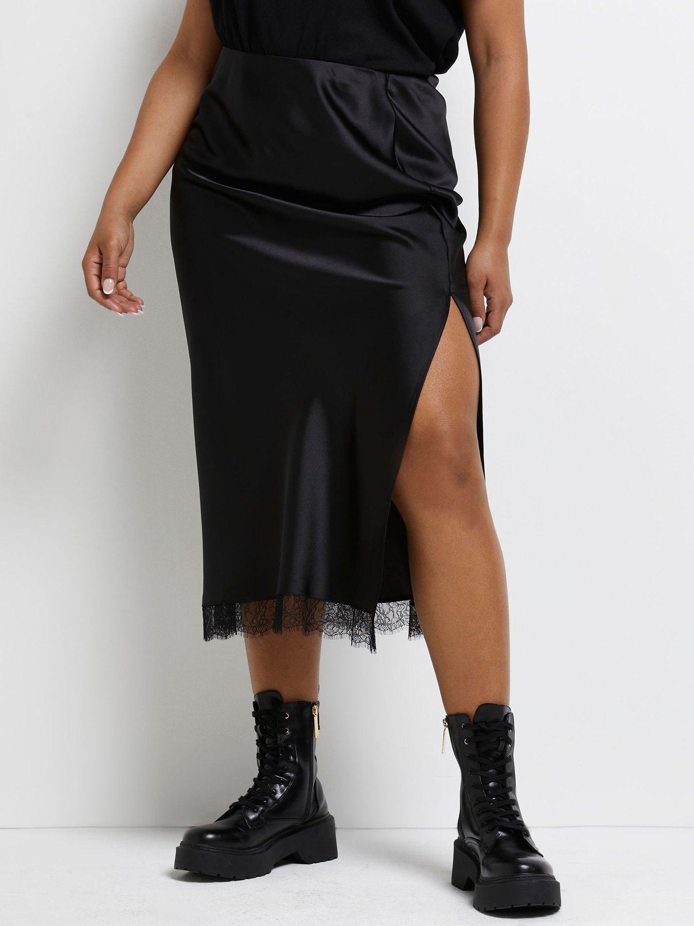 Women Lace Hem Midi Skirt - Black