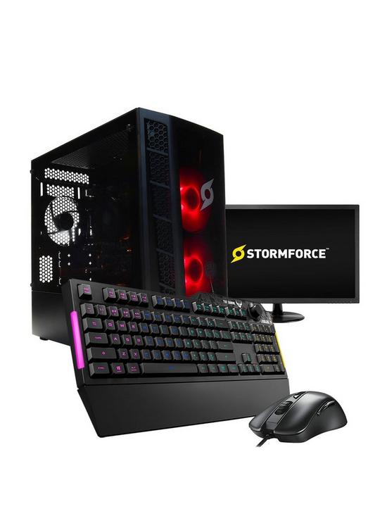 front image of zoostorm-stormforce-i3-10100f-gaming-pc-intel-i3-gtx-1650-8gb-ram-240gb-ssd-1tb-hdd-24in-monitor-keyboard-amp-mouse