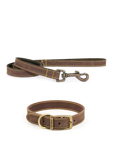 ancol-timberwolf-leather-collar-sable-28-36cm-size-3-and-timberwolf-leather-lead-sable-1mx19mm