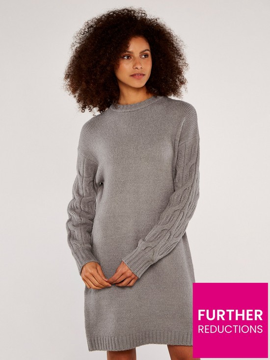 front image of apricot-cable-knit-jumper-dress-grey