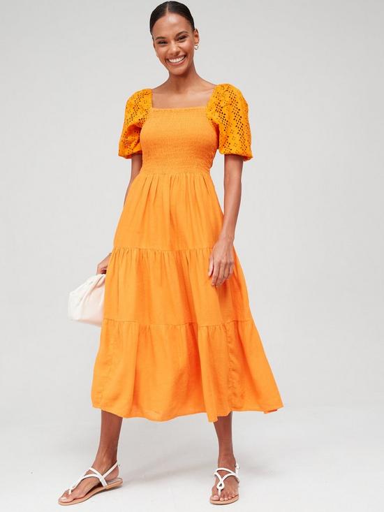 front image of v-by-very-broderie-sleeve-linen-midi-dress-orange