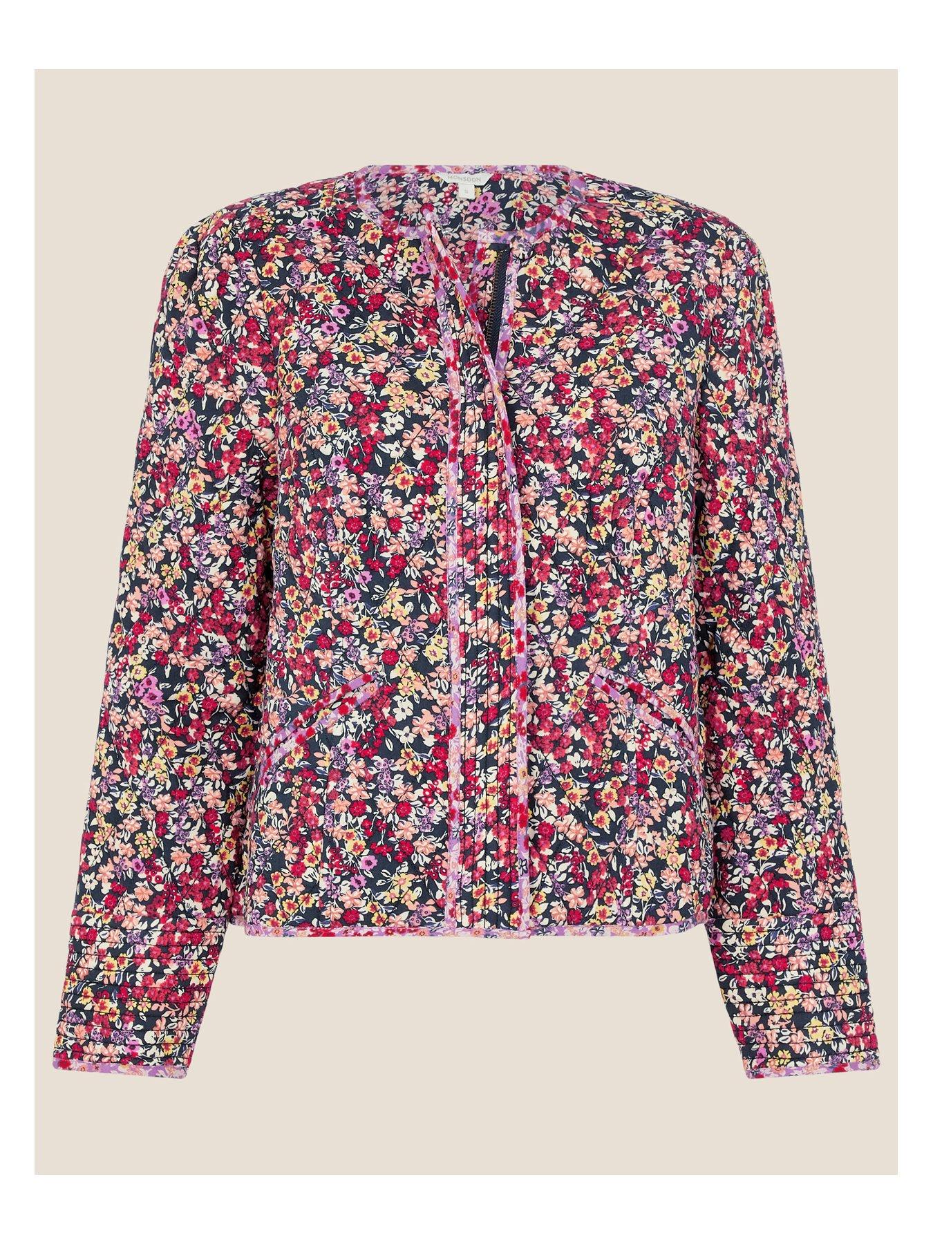 Women Ditsy Floral Quilted Jacket - Navy