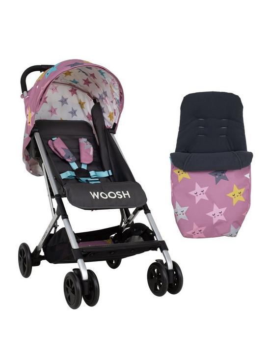 front image of cosatto-woosh-stroller-and-footmuff-bundle-happy-heart