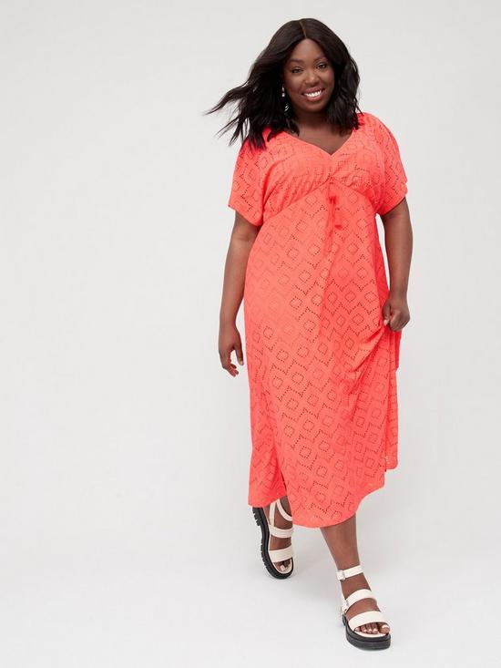 front image of v-by-very-curve-broderie-jersey-midi-dress-hot-coralnbsp