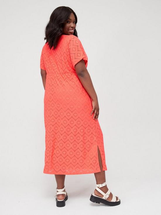 stillFront image of v-by-very-curve-broderie-jersey-midi-dress-hot-coralnbsp