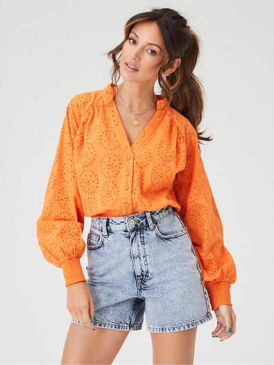 front image of michelle-keegan-broderie-button-through-blouse-orange