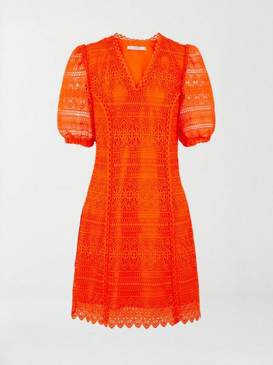 stillFront image of michelle-keegan-lace-puff-sleeve-mini-dress-orange