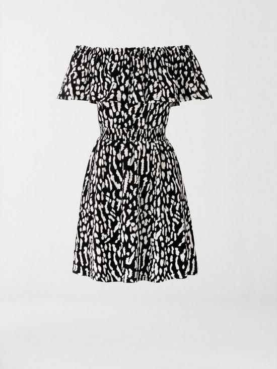 stillFront image of michelle-keegan-bardot-crinkle-mini-dress-mono-print