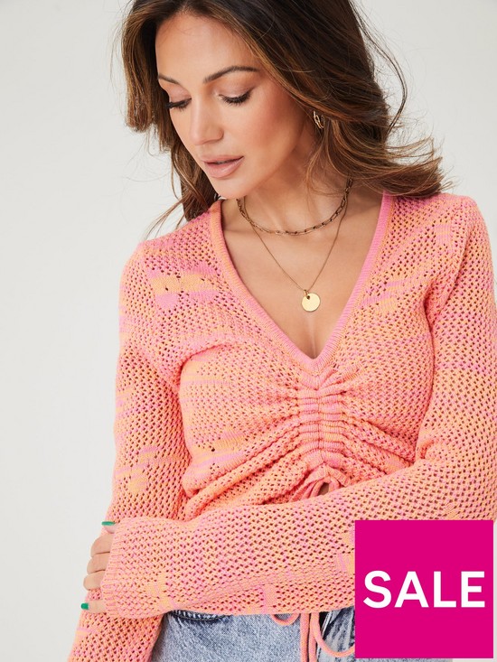 detail image of michelle-keegan-knitted-ruched-front-top-orange