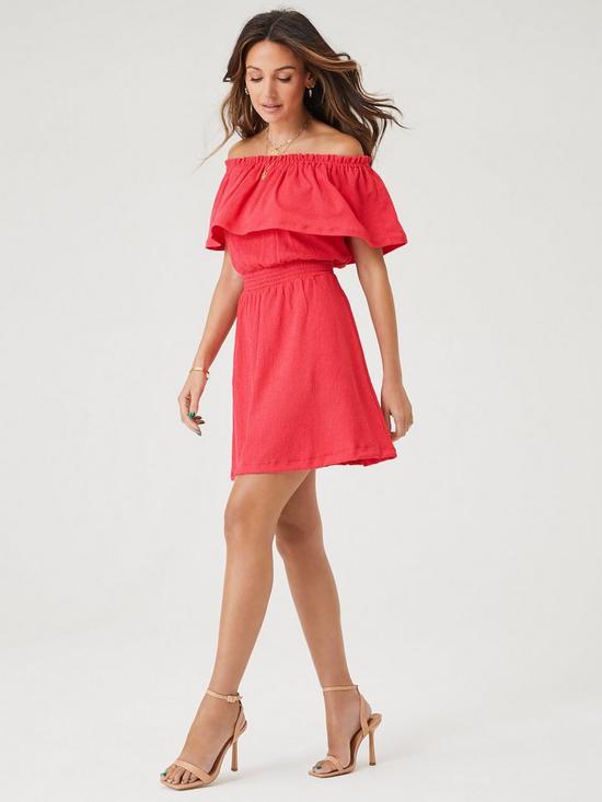 front image of michelle-keegan-bardot-crinkle-mini-dress-pink