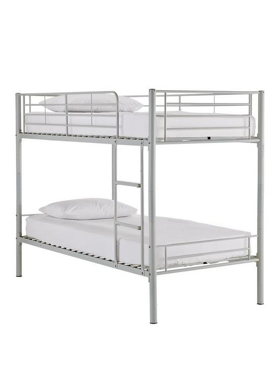 front image of kidspace-domino-metal-bunk-bed-frame-with-mattress-options-ladder-and-guard-rail-on-top-bunk