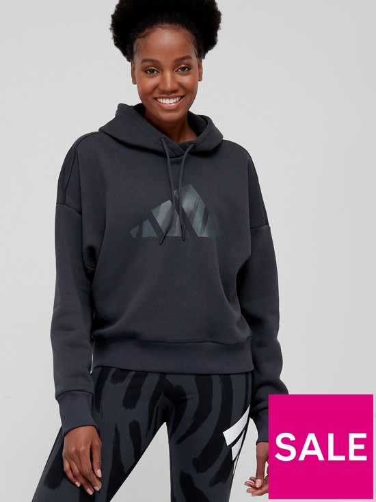 front image of adidas-future-icons-feel-fierce-hoodie-dark-grey