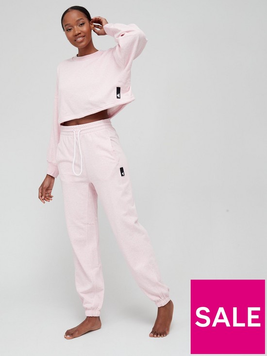 front image of adidas-studio-lounge-crew-sweat-top-pale-pink