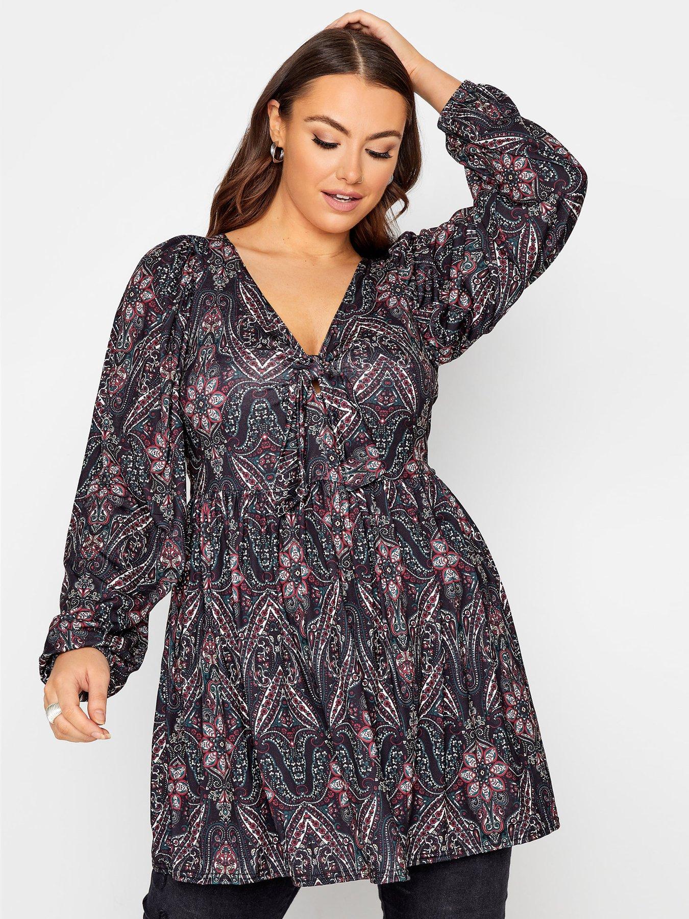 Tops & T-shirts Yours London Bow Front Paisley Tunic - Black