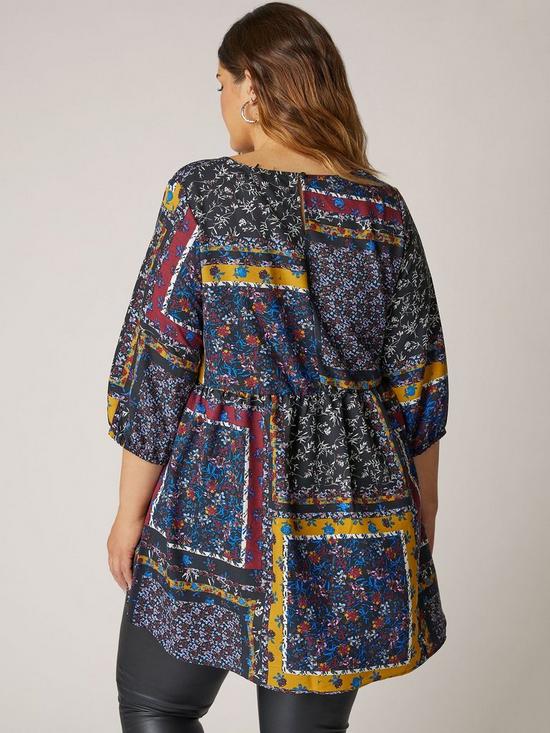 stillFront image of yours-unfiltered-dip-hem-tunic-34-sleeve-teal-scarf-print