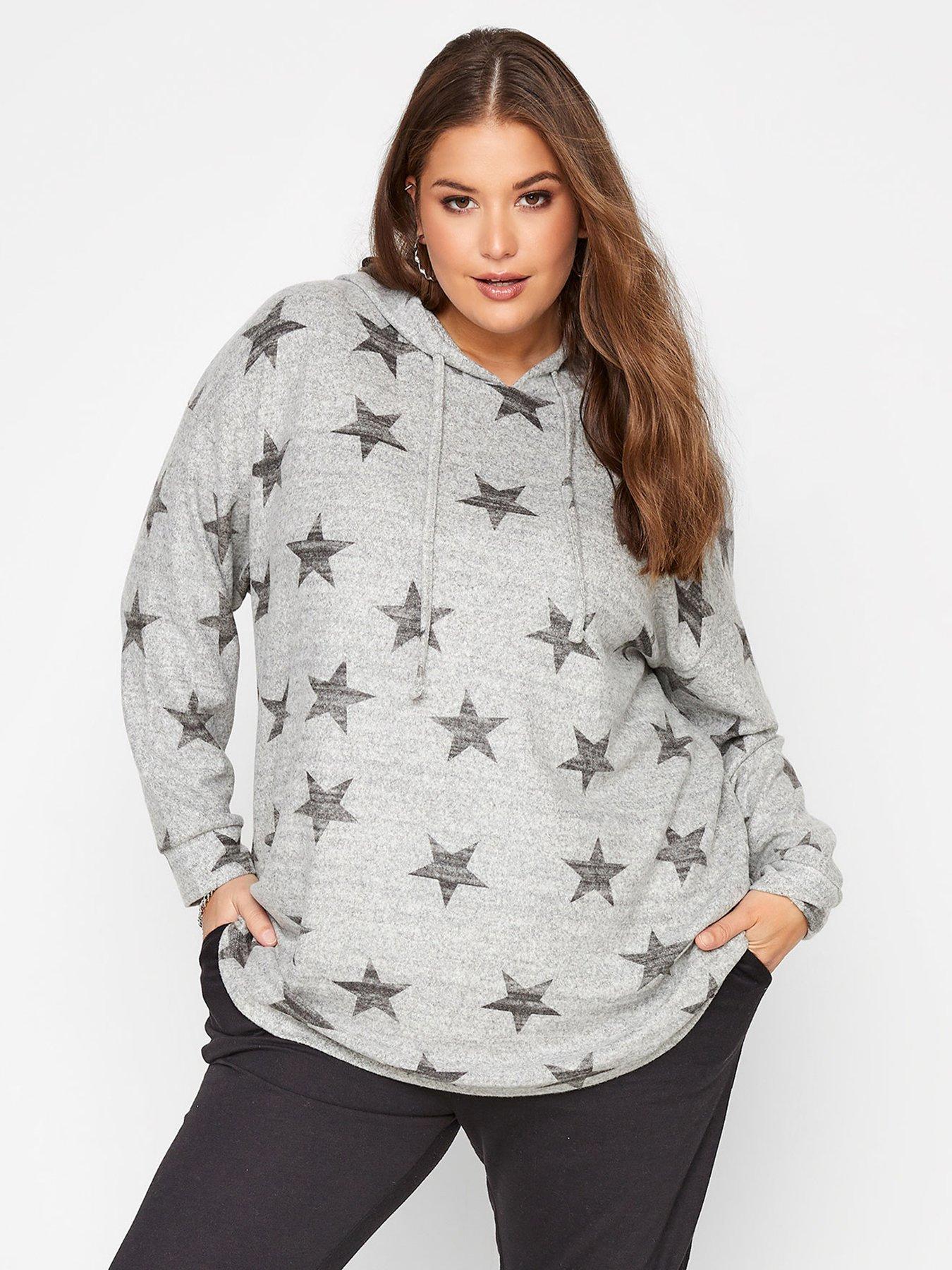 Women CLOTHING Brushed Jersey All over print Star Hoodie. Grey