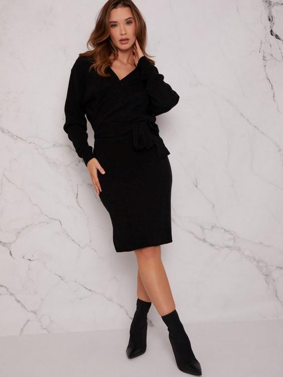 front image of chi-chi-london-v-neck-wrap-jumper-dress-black