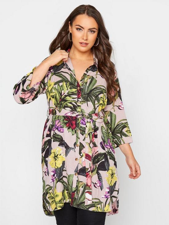 front image of yours-shirt-dress-pink-multi-floral-print