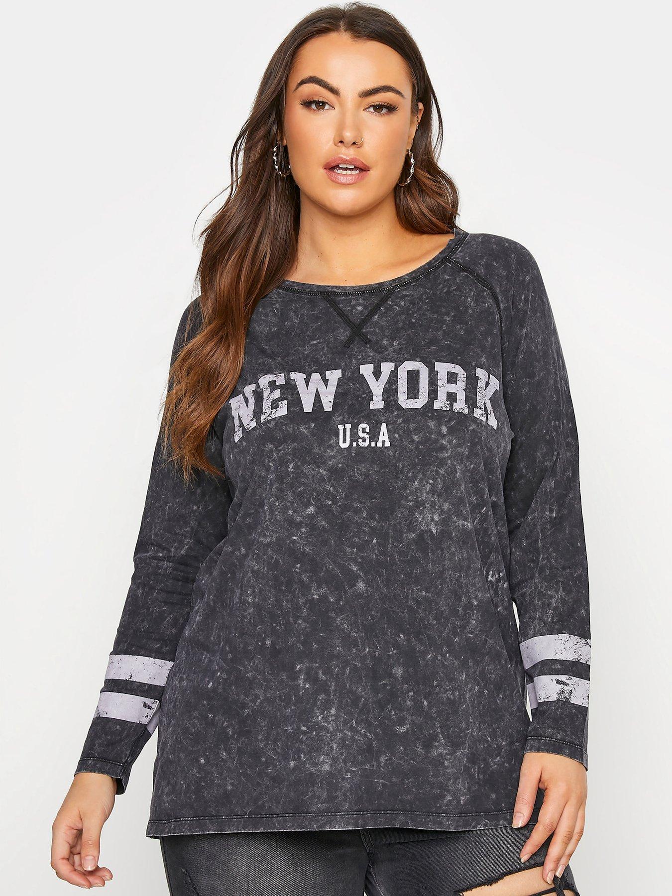  Yours Clothing Acid Wash 'New York' Raglan T-shirt - Grey