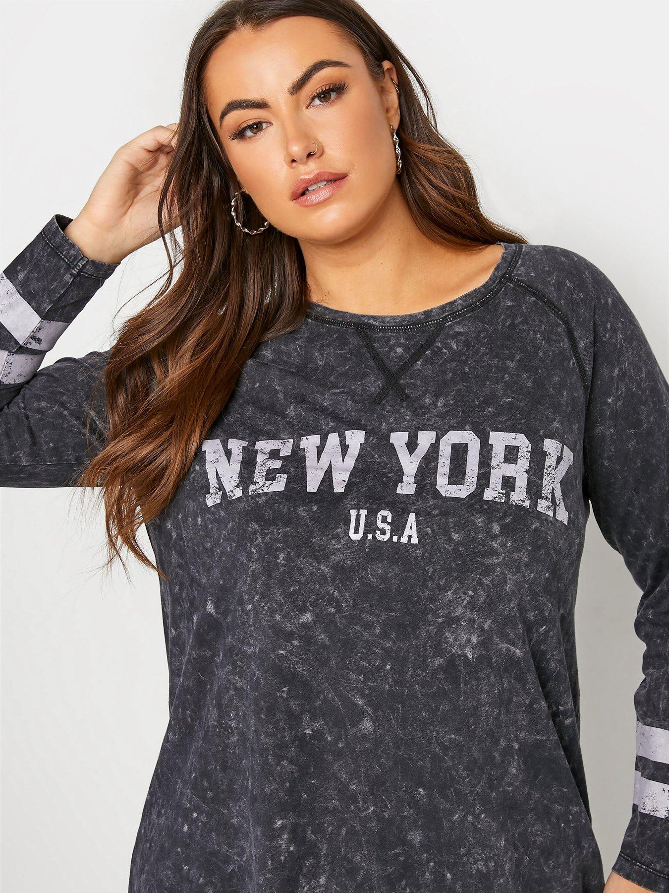  Yours Clothing Acid Wash 'New York' Raglan T-shirt - Grey