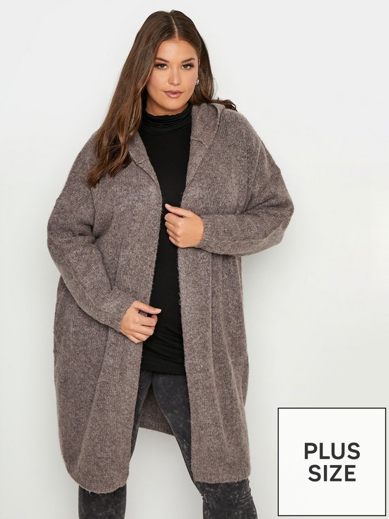 front image of yours-fluffy-fleck-hooded-cardigan-brown